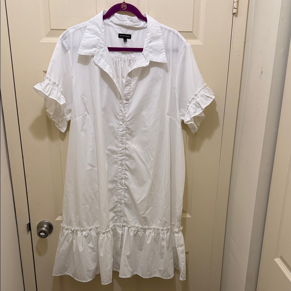 White Ruffle-Trim Button Front Mini Dress